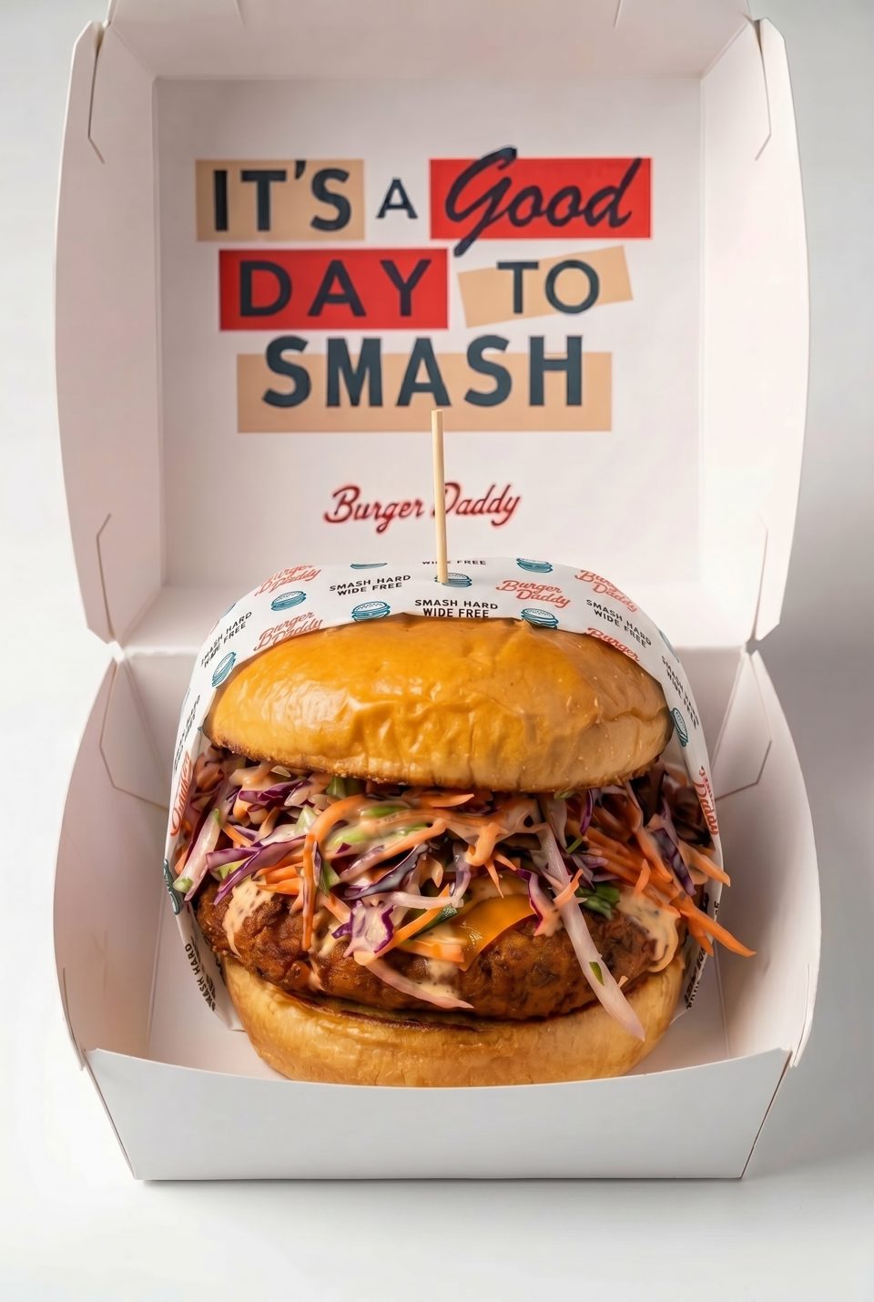 A Burger Daddy burger with coleslaw and cheese in a branded box with "IT'S A Good DAY TO SMASH" text.